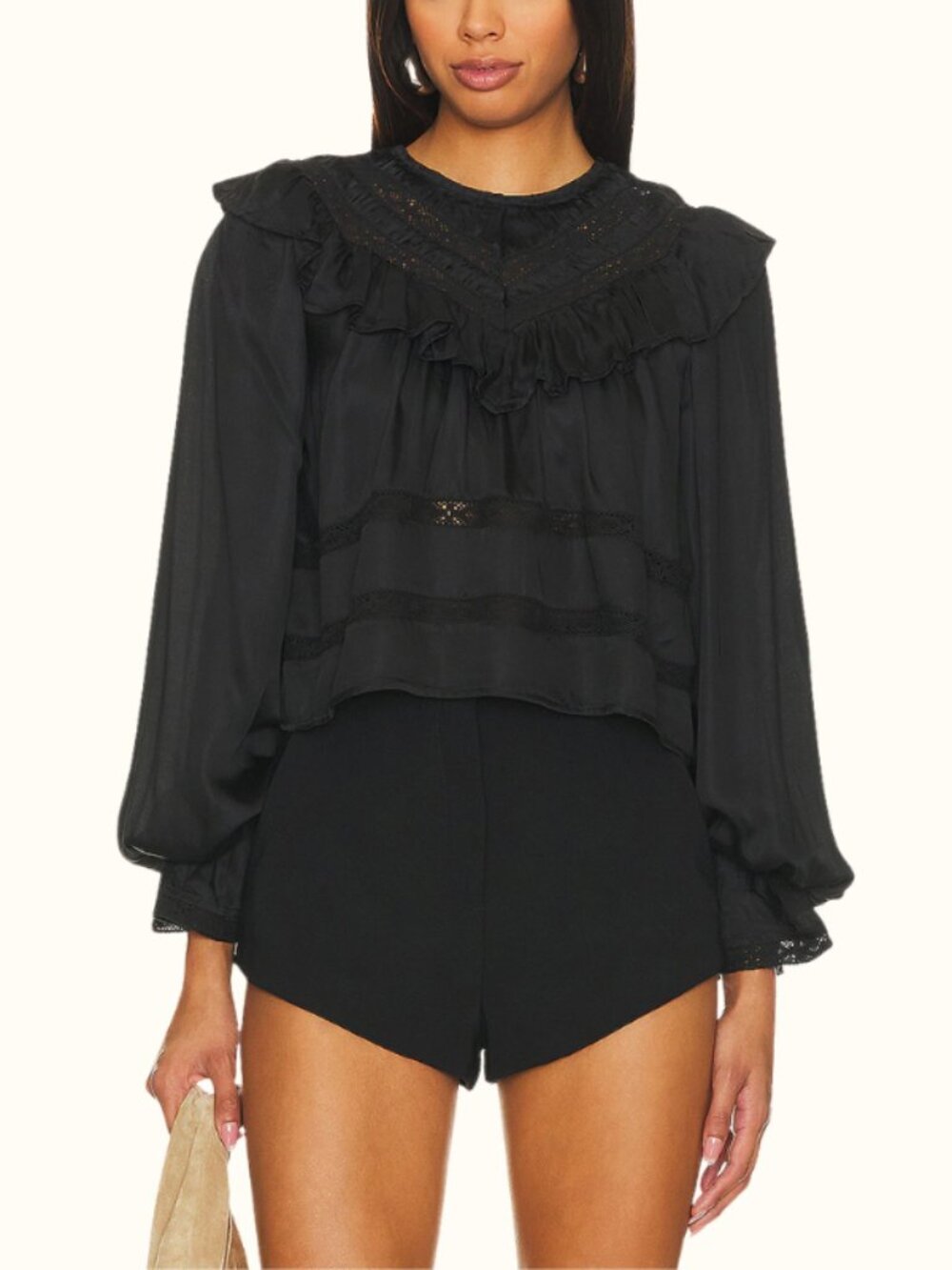 Tularosa Black Satin Ruffle Boho Blouse